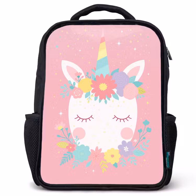 Kids backpack - Black - Unicorn - Flowers - Pink — 1