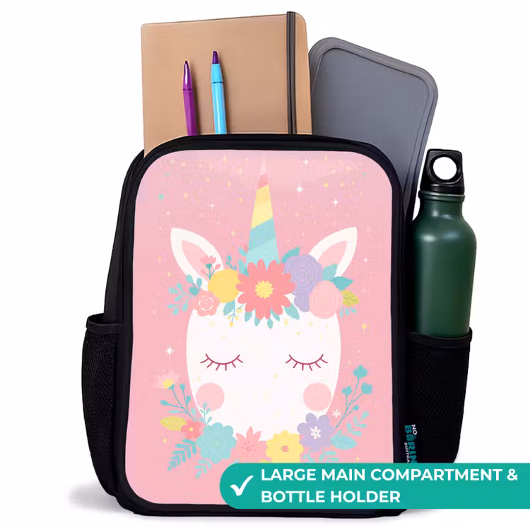 Kids backpack - Black - Unicorn - Flowers - Pink — 10