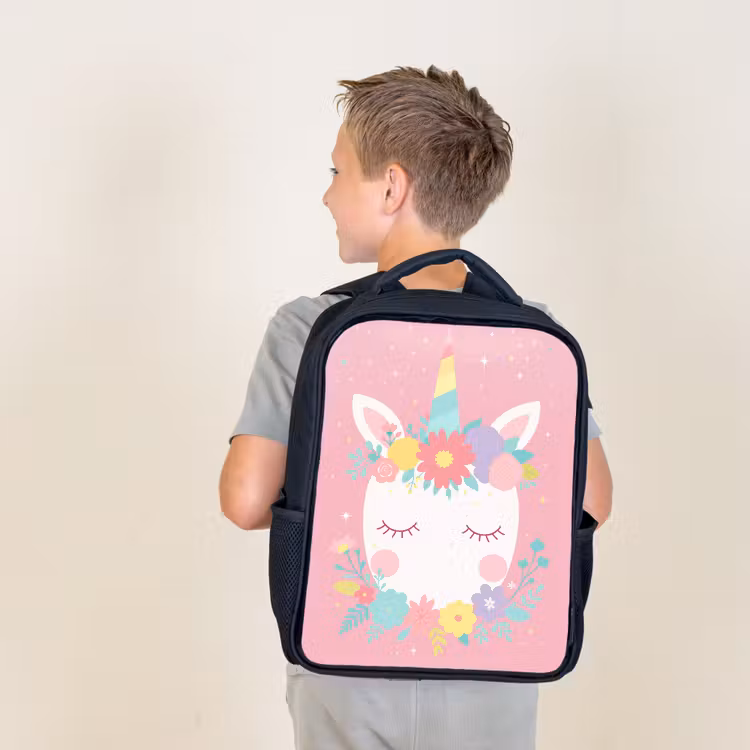 Kids backpack - Black - Unicorn - Flowers - Pink — 2