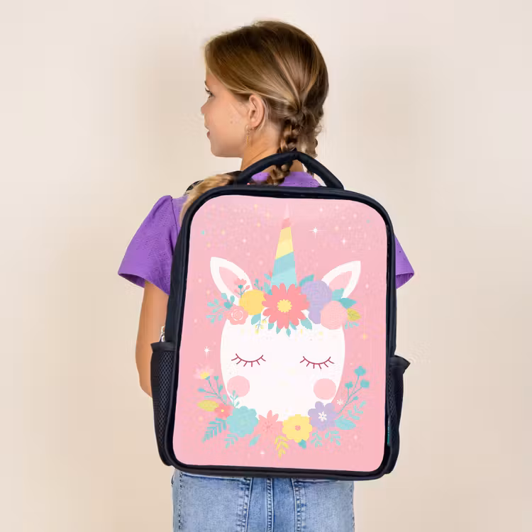 Kids backpack - Black - Unicorn - Flowers - Pink — 4