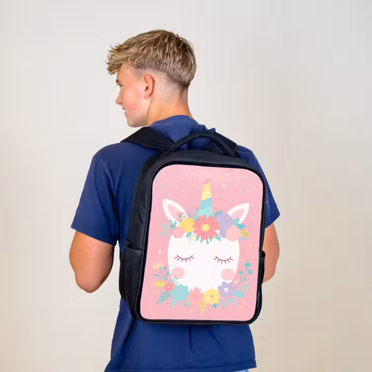 Kids backpack - Black - Unicorn - Flowers - Pink — 5