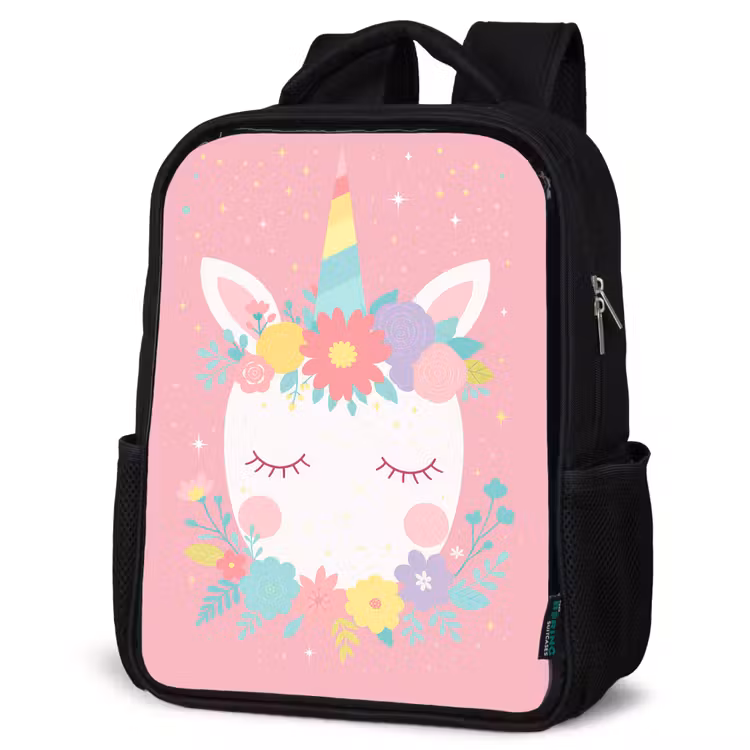 Kids backpack - Black - Unicorn - Flowers - Pink — 6