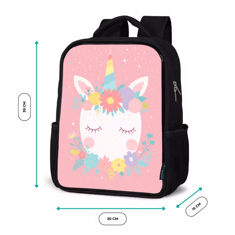 Kids backpack - Black - Unicorn - Flowers - Pink — 8