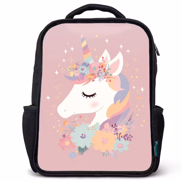Kids backpack - Black - Unicorn - Pink - Flowers — 1