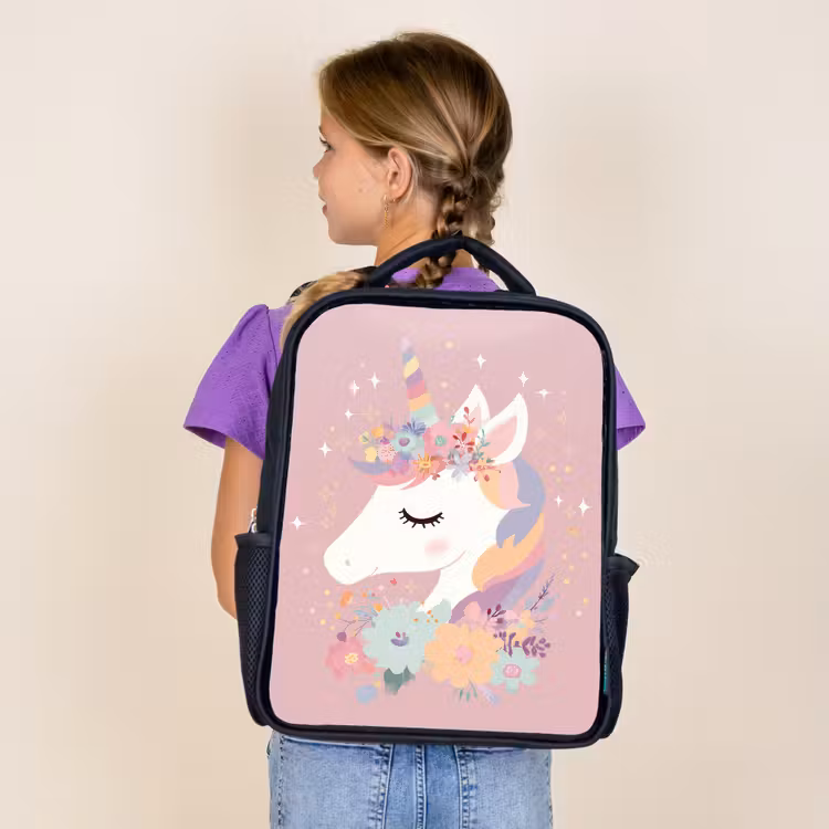 Kids backpack - Black - Unicorn - Pink - Flowers — 4