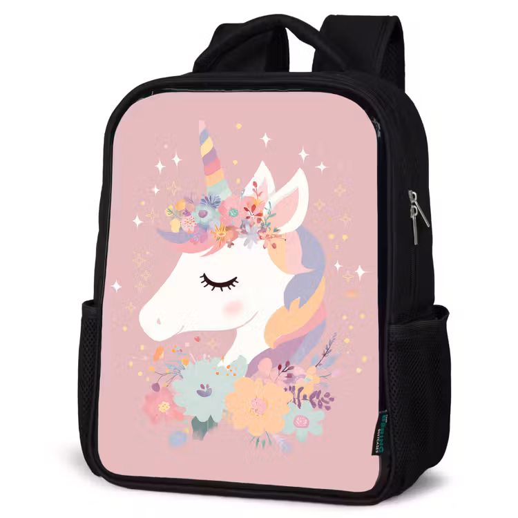 Kids backpack - Black - Unicorn - Pink - Flowers — 6