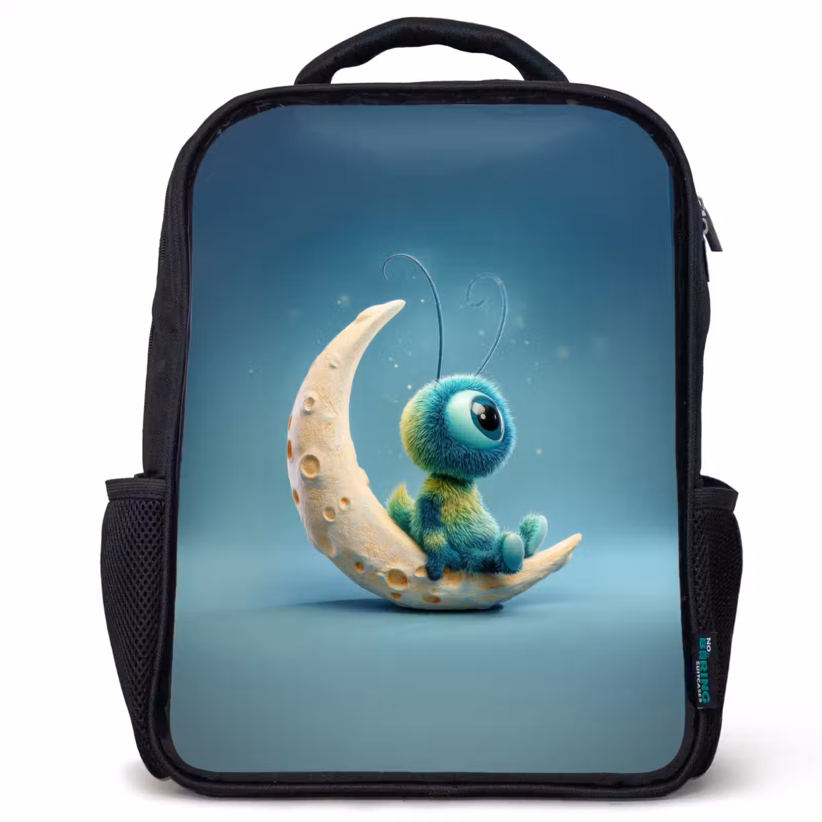 Kids backpack - Black - Dreamy fluff creature sitting on crescent moon — 1