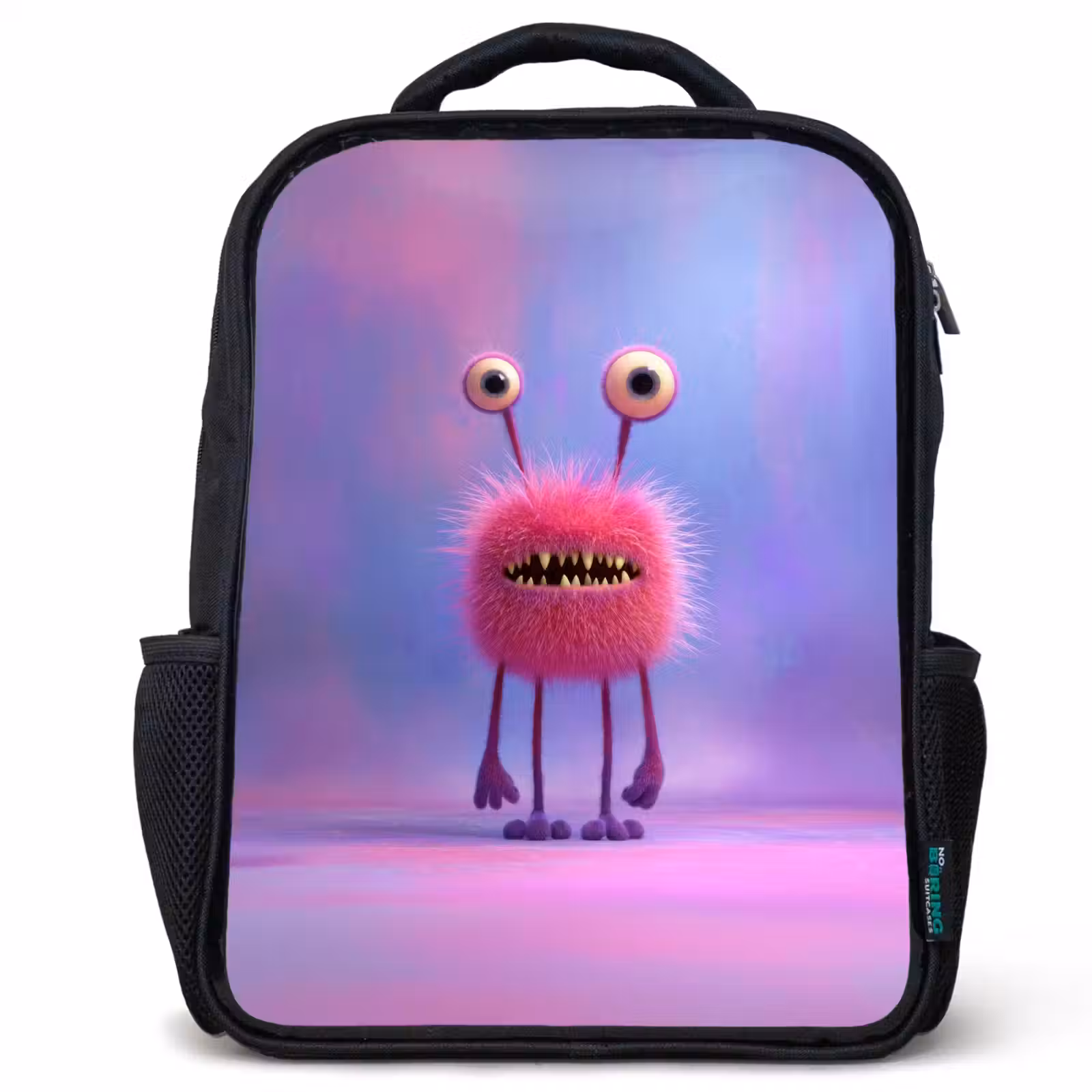 Kids backpack - Black - Fluffy pink monster with piercing eyes and sharp teeth — 1