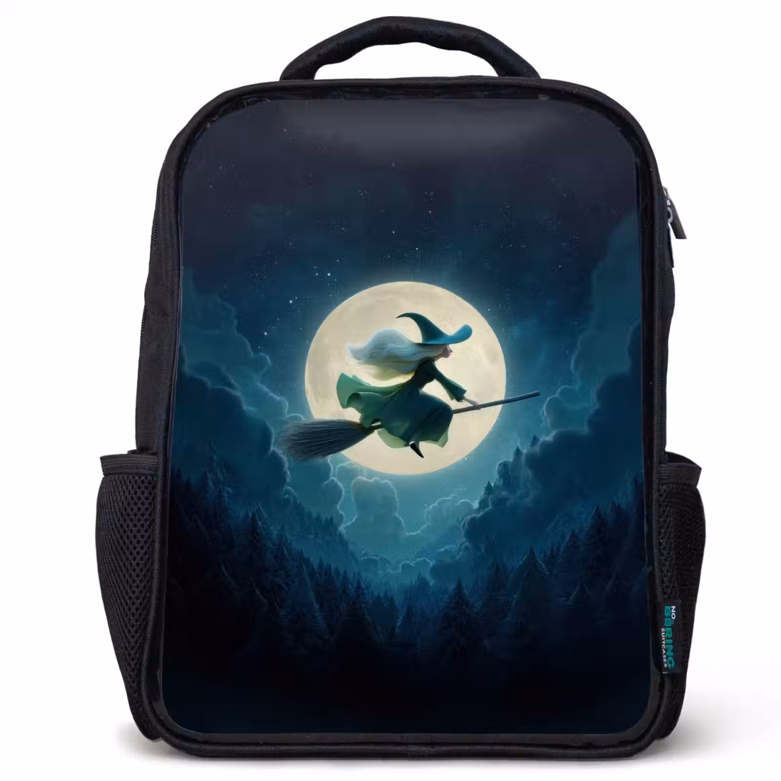 Kids backpack - Black - Flying witch before full moon over dark forest — 1