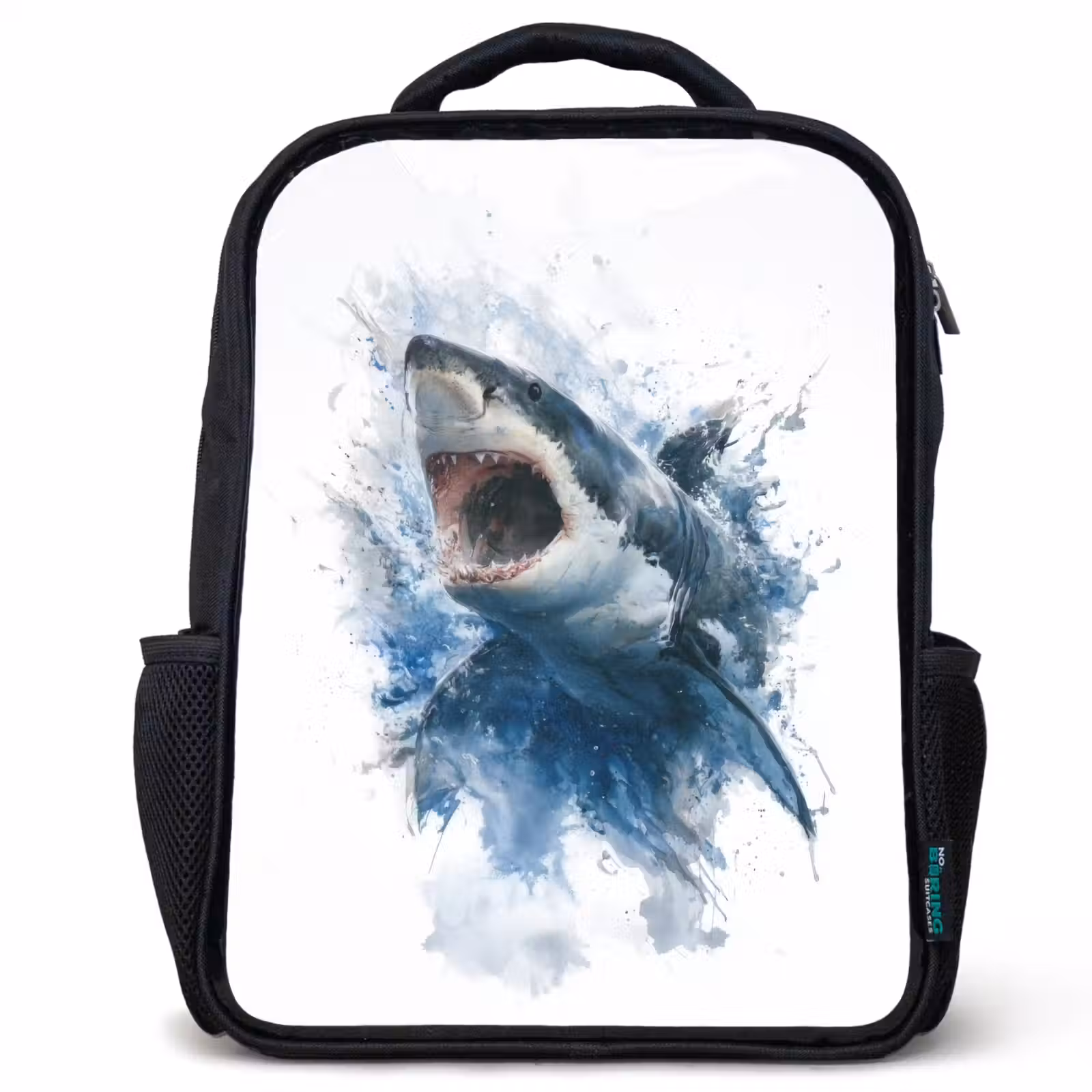 Kids backpack - Black - Protruding shark with open mouth in watercolor style — 1