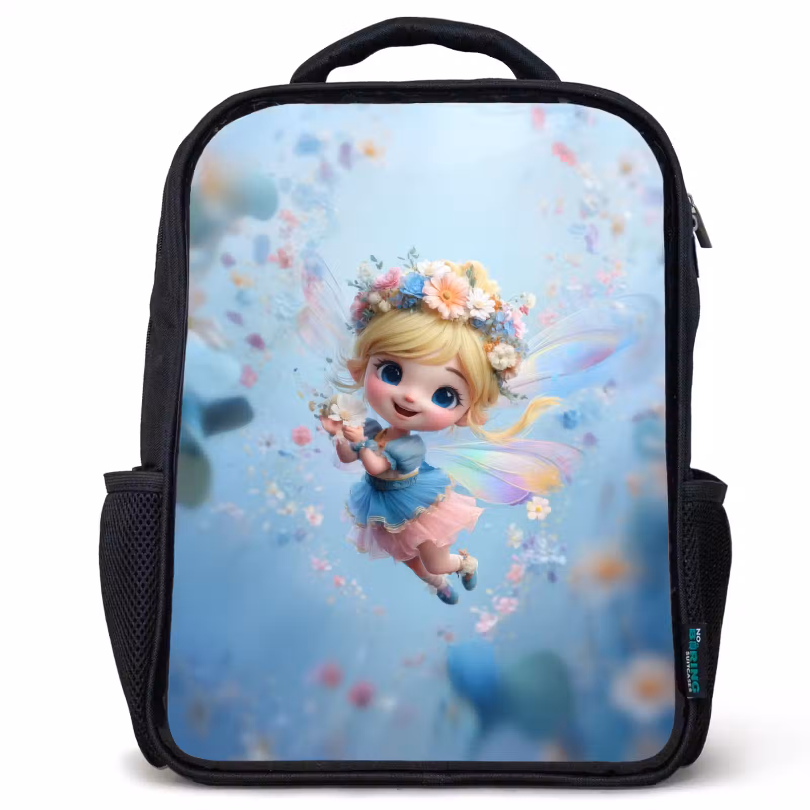 Kids backpack - Black - Radiant flower fairy floating in a blue floral sky — 1