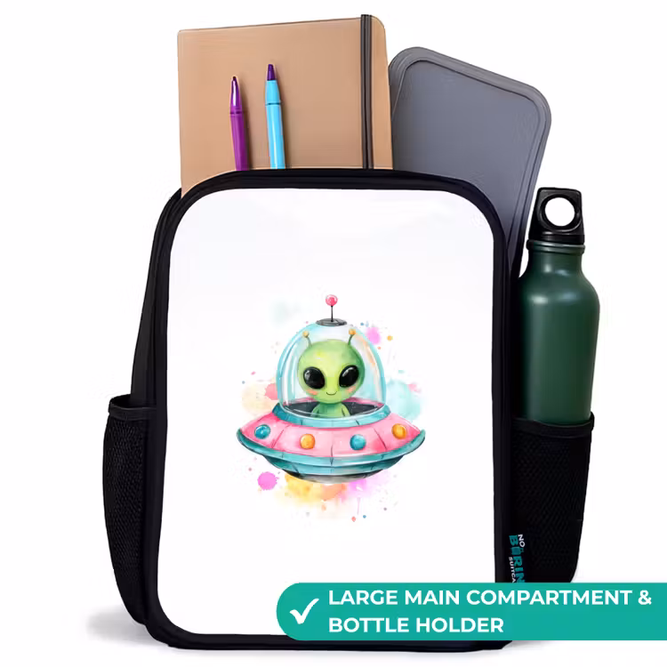 Kids backpack - Black - Cheerful alien in colorful flying saucer with watercolor splashes — 10