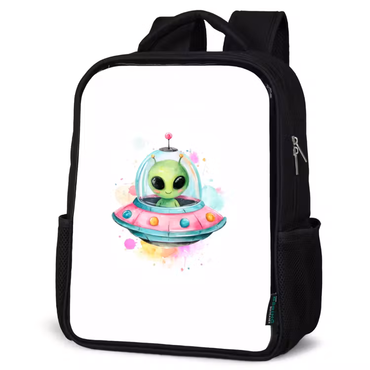 Kids backpack - Black - Cheerful alien in colorful flying saucer with watercolor splashes — 6