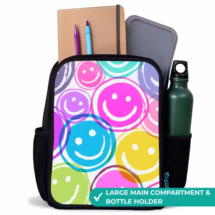 Kids backpack - Black - Colorful explosion of smiles on white canvas — 10