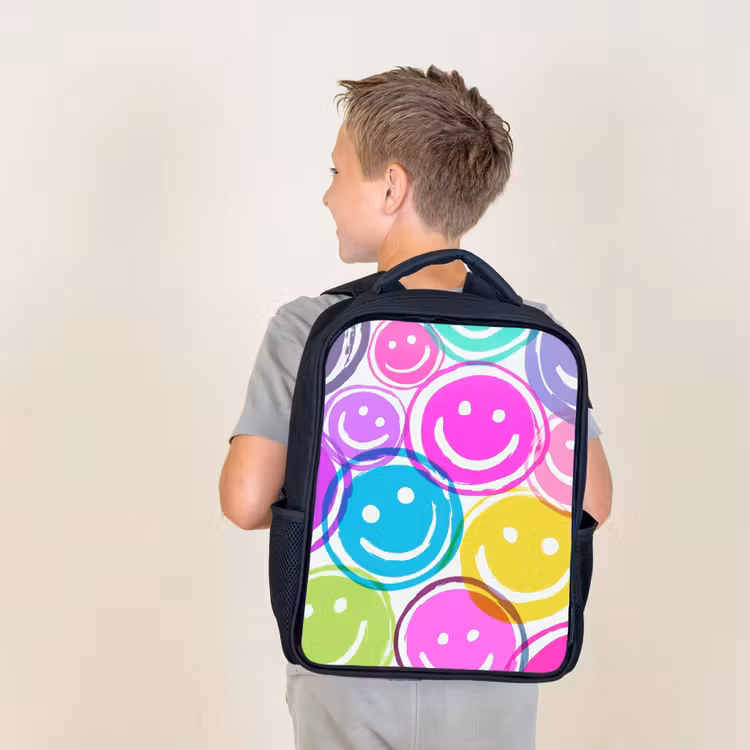 Kids backpack - Black - Colorful explosion of smiles on white canvas — 2