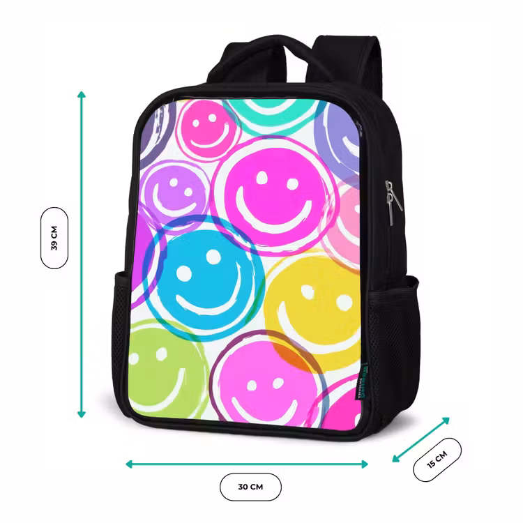 Kids backpack - Black - Colorful explosion of smiles on white canvas — 8