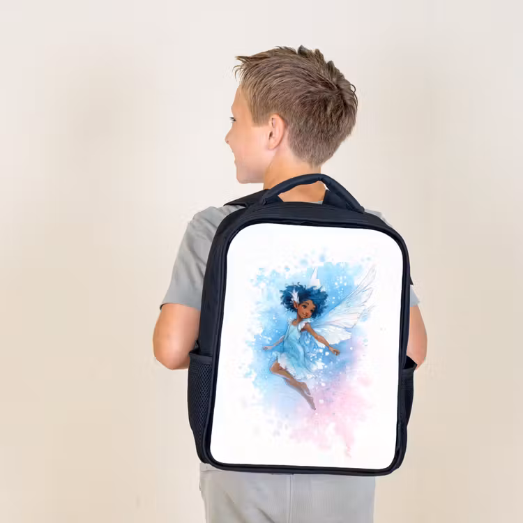 Kids backpack - Black - Dancing elf with blue wings and watercolor effect — 2