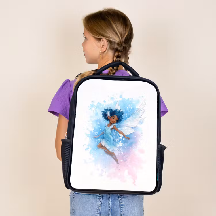 Kids backpack - Black - Dancing elf with blue wings and watercolor effect — 4