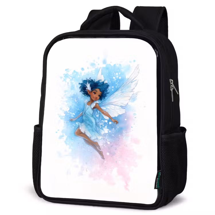 Kids backpack - Black - Dancing elf with blue wings and watercolor effect — 6