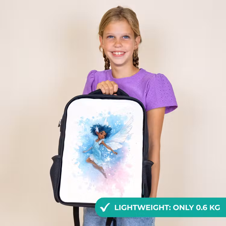 Kids backpack - Black - Dancing elf with blue wings and watercolor effect — 9