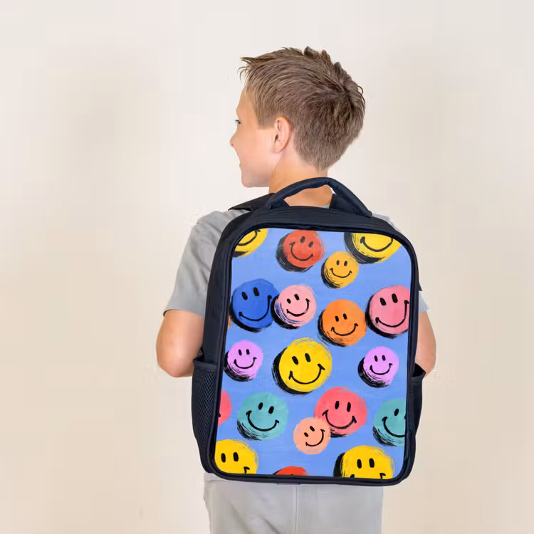 Kids backpack - Black - Drawn smiley doodles with bright brush strokes — 2