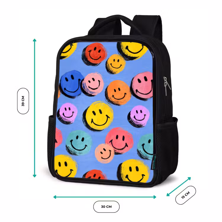 Kids backpack - Black - Drawn smiley doodles with bright brush strokes — 8