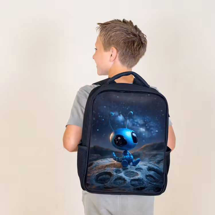 Kids backpack - Black - Dreamy blue space creature under a starry sky — 2