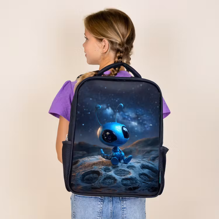 Kids backpack - Black - Dreamy blue space creature under a starry sky — 4
