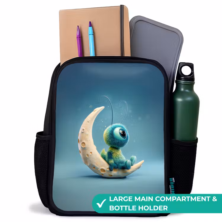 Kids backpack - Black - Dreamy fluff creature sitting on crescent moon — 10