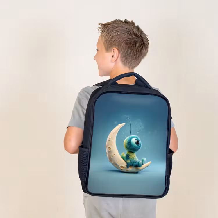 Kids backpack - Black - Dreamy fluff creature sitting on crescent moon — 2