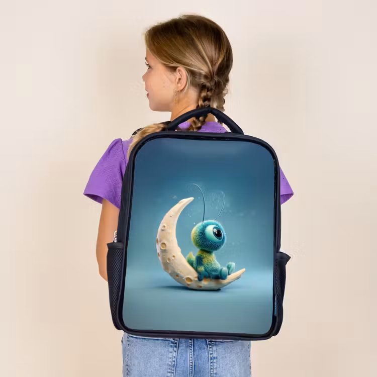 Kids backpack - Black - Dreamy fluff creature sitting on crescent moon — 4