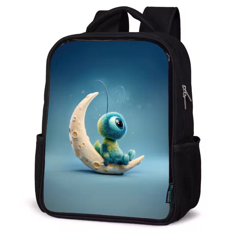 Kids backpack - Black - Dreamy fluff creature sitting on crescent moon — 6