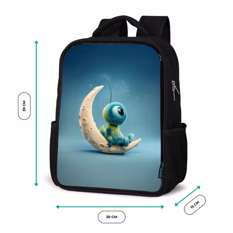 Kids backpack - Black - Dreamy fluff creature sitting on crescent moon — 8