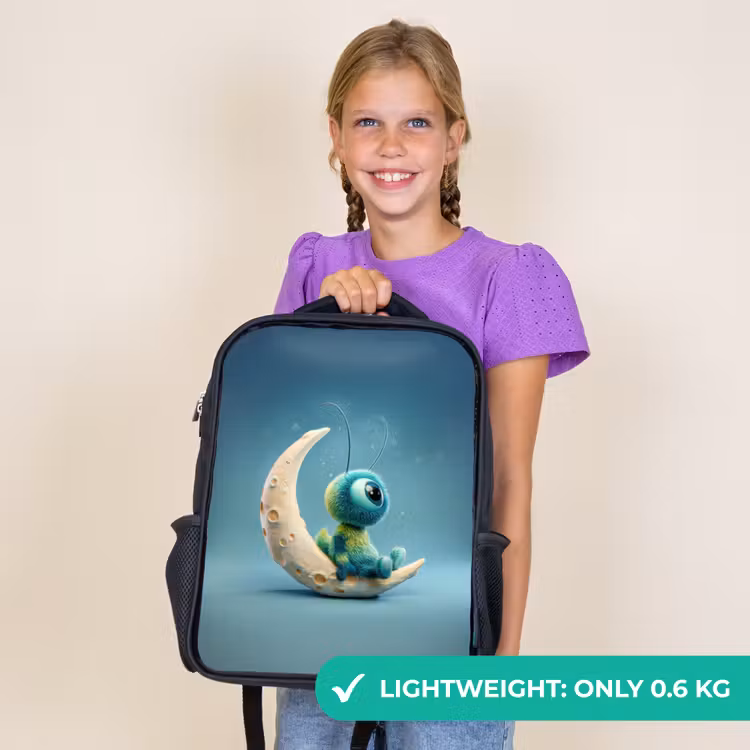Kids backpack - Black - Dreamy fluff creature sitting on crescent moon — 9