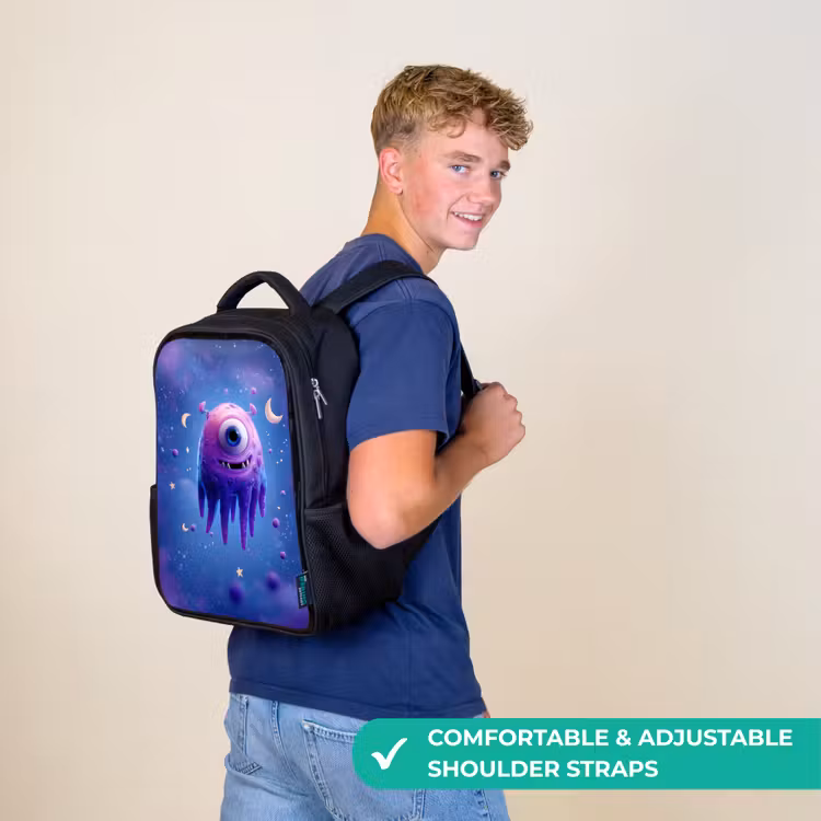 Kids backpack - Black - Floating drop-shaped space creature with moon eyes — 11