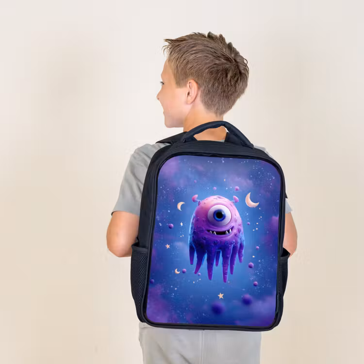 Kids backpack - Black - Floating drop-shaped space creature with moon eyes — 2