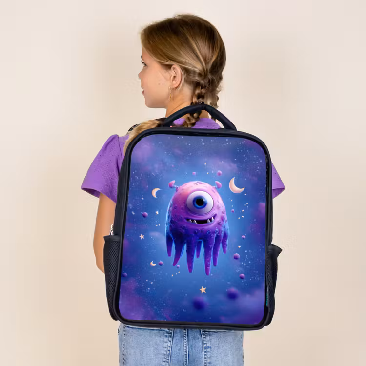 Kids backpack - Black - Floating drop-shaped space creature with moon eyes — 4