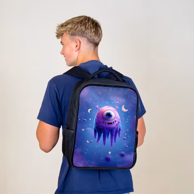 Kids backpack - Black - Floating drop-shaped space creature with moon eyes — 5