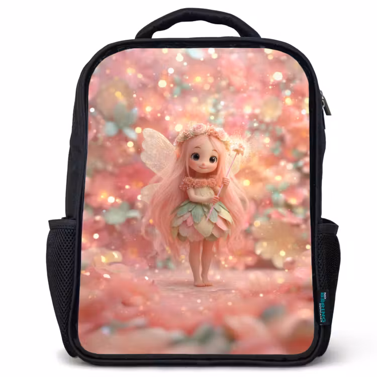 Kids backpack - Black - Flower fairy with pink hair in sparkling flower garden — 1