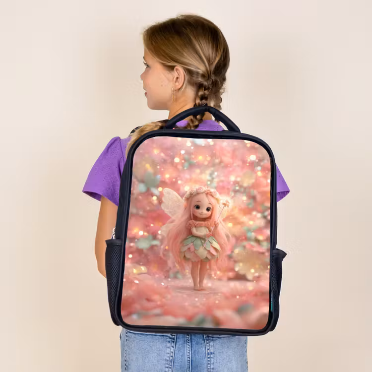 Kids backpack - Black - Flower fairy with pink hair in sparkling flower garden — 4