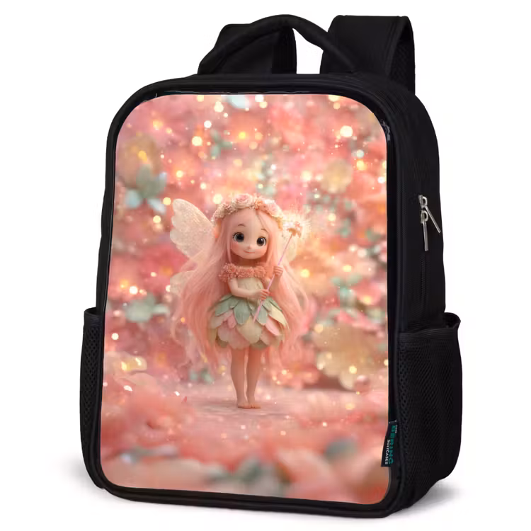 Kids backpack - Black - Flower fairy with pink hair in sparkling flower garden — 6