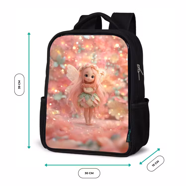 Kids backpack - Black - Flower fairy with pink hair in sparkling flower garden — 8