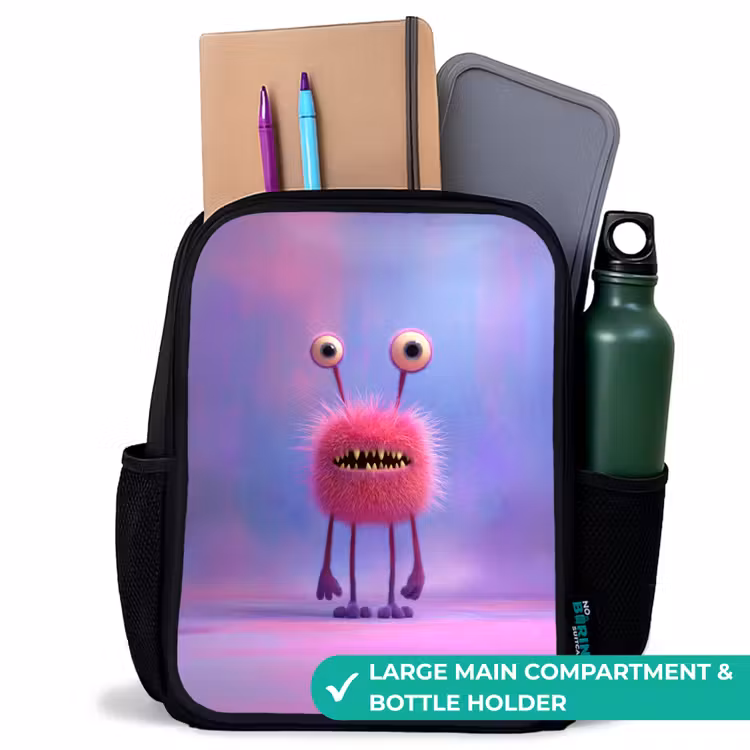 Kids backpack - Black - Fluffy pink monster with piercing eyes and sharp teeth — 10