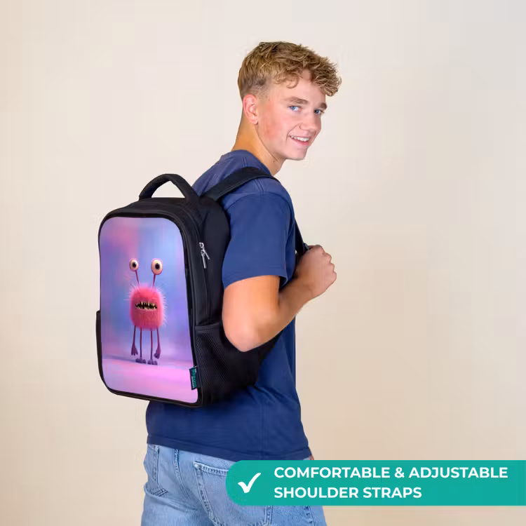 Kids backpack - Black - Fluffy pink monster with piercing eyes and sharp teeth — 11