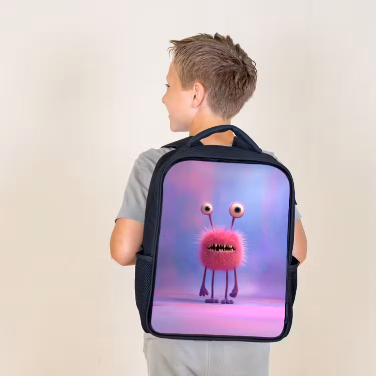 Kids backpack - Black - Fluffy pink monster with piercing eyes and sharp teeth — 2