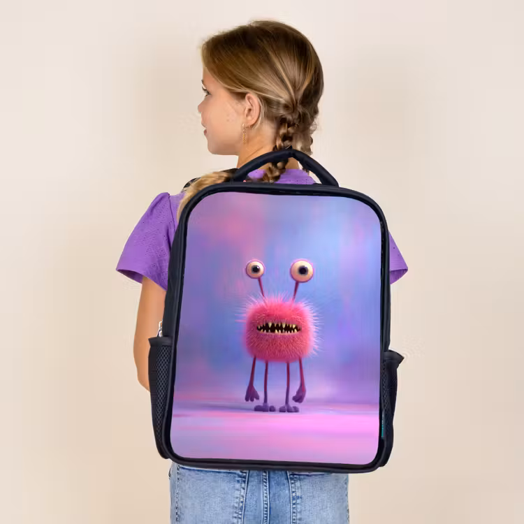 Kids backpack - Black - Fluffy pink monster with piercing eyes and sharp teeth — 4