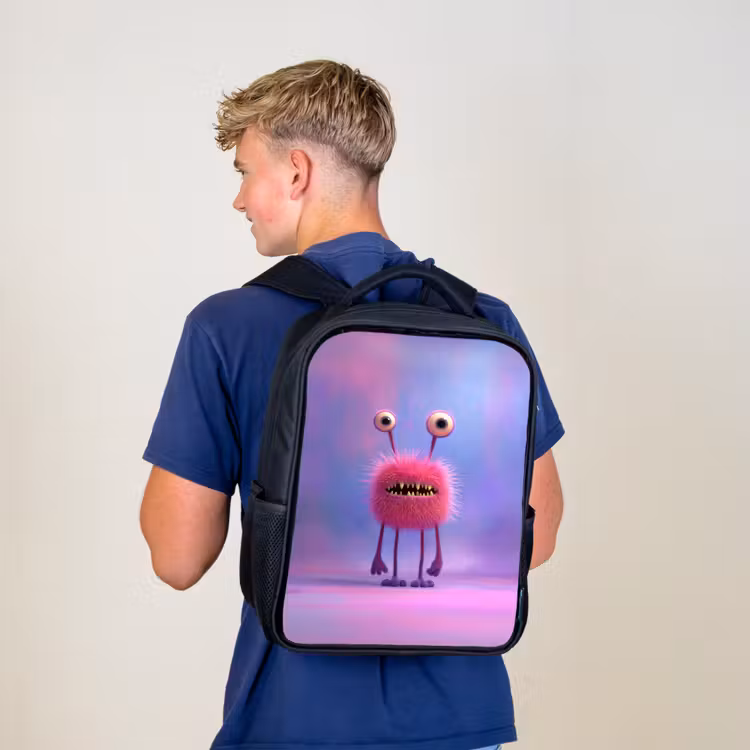 Kids backpack - Black - Fluffy pink monster with piercing eyes and sharp teeth — 5