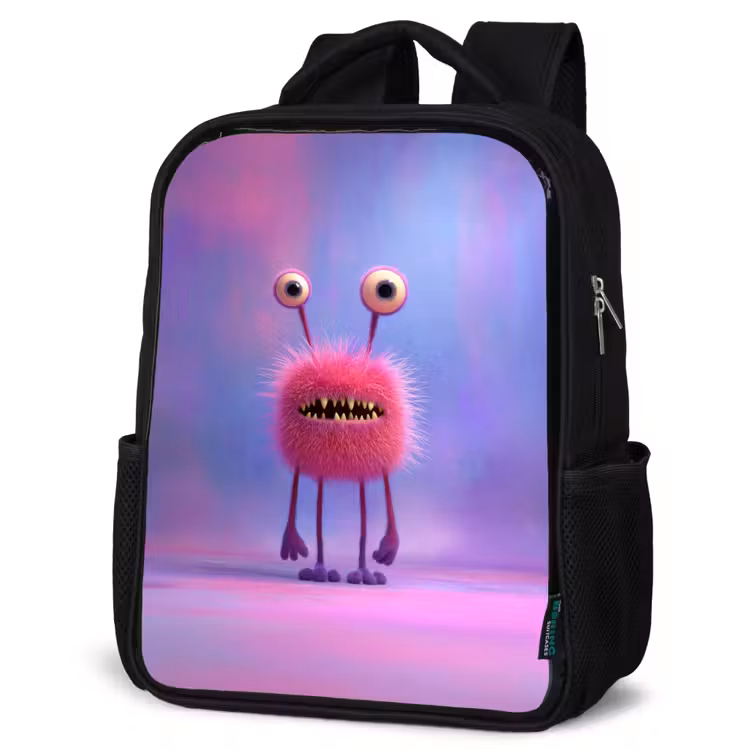 Kids backpack - Black - Fluffy pink monster with piercing eyes and sharp teeth — 6
