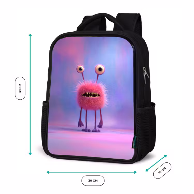 Kids backpack - Black - Fluffy pink monster with piercing eyes and sharp teeth — 8
