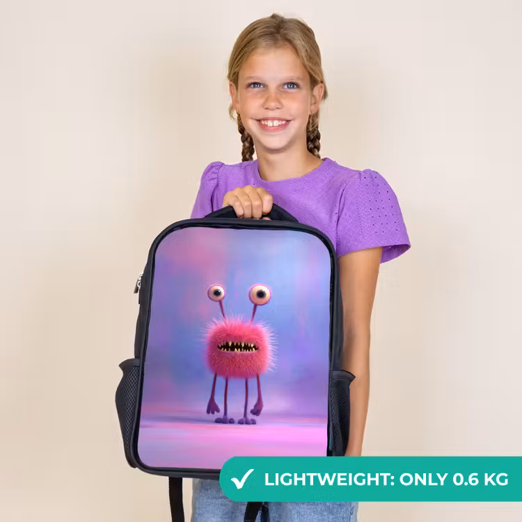 Kids backpack - Black - Fluffy pink monster with piercing eyes and sharp teeth — 9